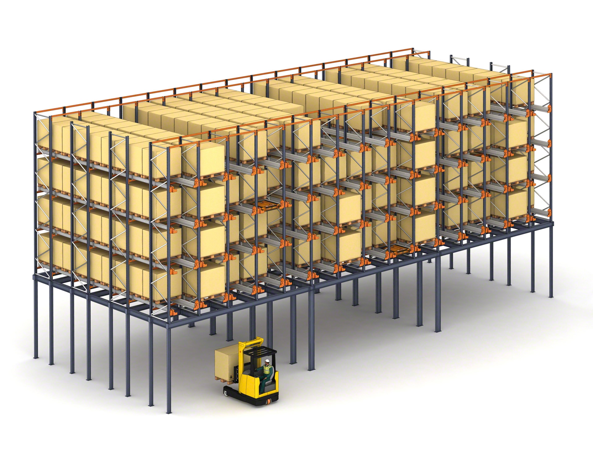 In warehouses with limited space, the Pallet Shuttle system can be installed on a mezzanine floor to maximise the surface